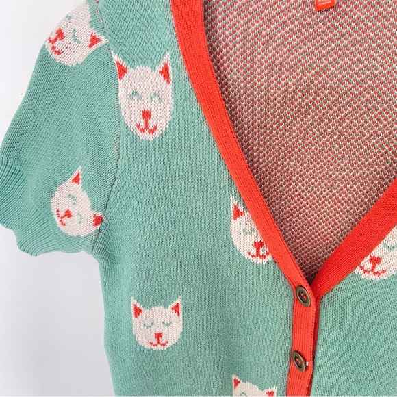 ModCloth 😻 Cat Cardigan 100% Cotton Green Teal with Orange White Accents Kitty S - Picture 3 of 10